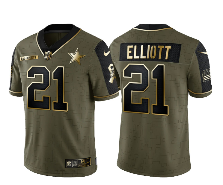 Men's Dallas Cowboys #21 Ezekiel Elliott 2021 Olive Salute To Service Golden Limited Stitched Jersey Men's Dallas Cowboys #21 Ezekiel Elliott 2021 Olive Salute To Service Golden Limited Stitched Jersey